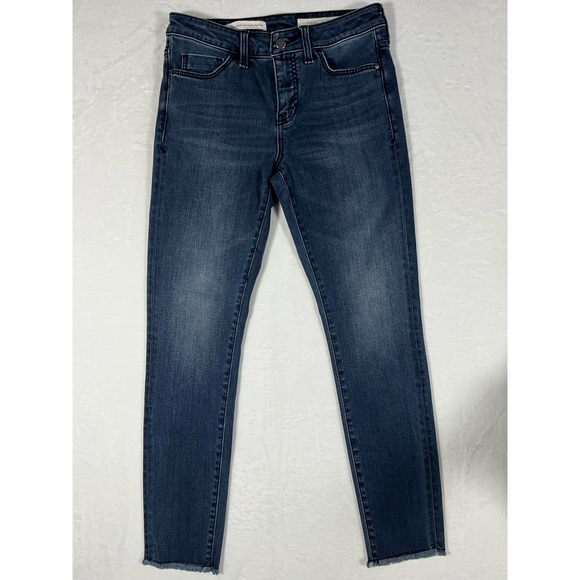 PILCRO Anthro Script Slim Skinny High Rise Raw Fringe Hem Dark Wash Jeans 27 - Picture 1 of 10